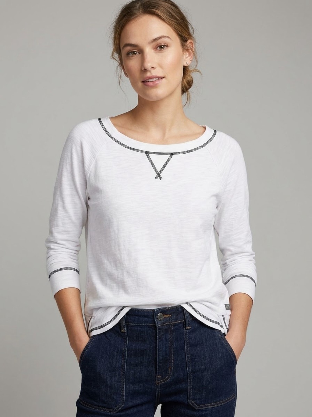 Talbots White Long-Sleeve Slub Tee with Black Contrast Stitching